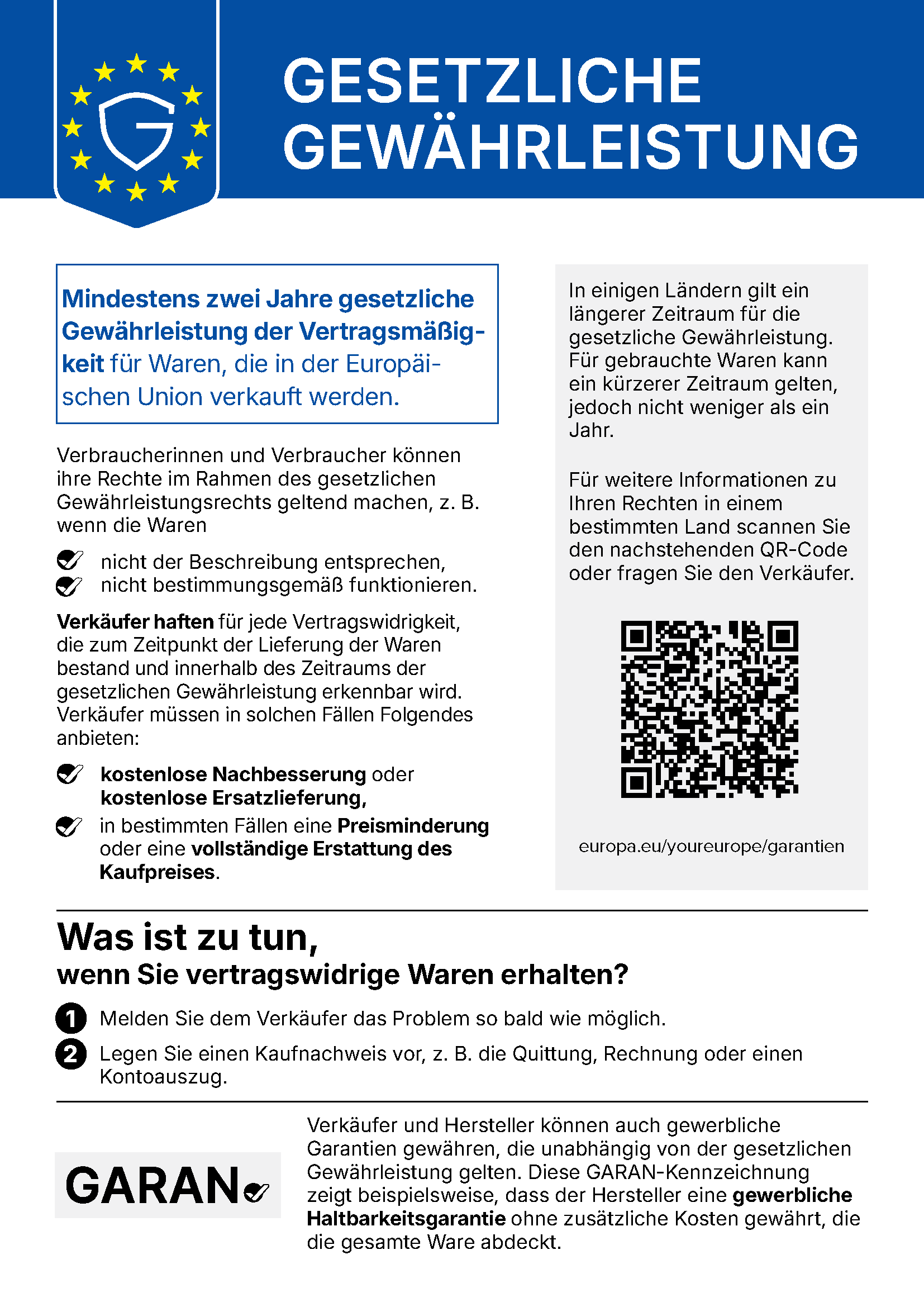 Informationen zu Ihren gesetzlichen Gewährleistungsrechten in der Europäischen Union