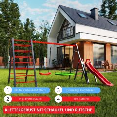 Klettergerüst mit Brettschaukel, Nestschaukel, Rutsche und Kletterleiter im Garten vor einem Haus