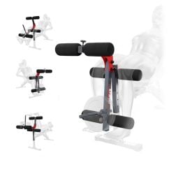 Beincurler Aufsatz für Trainingsbank mit Demonstration der Übungspositionen