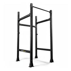 Freistehendes Power Rack aus pulverbeschichtetem Stahl mit Klimmzugstange, Vierpfosten-Konstruktion und Bodenmontage für professionelles Krafttraining im Homegym