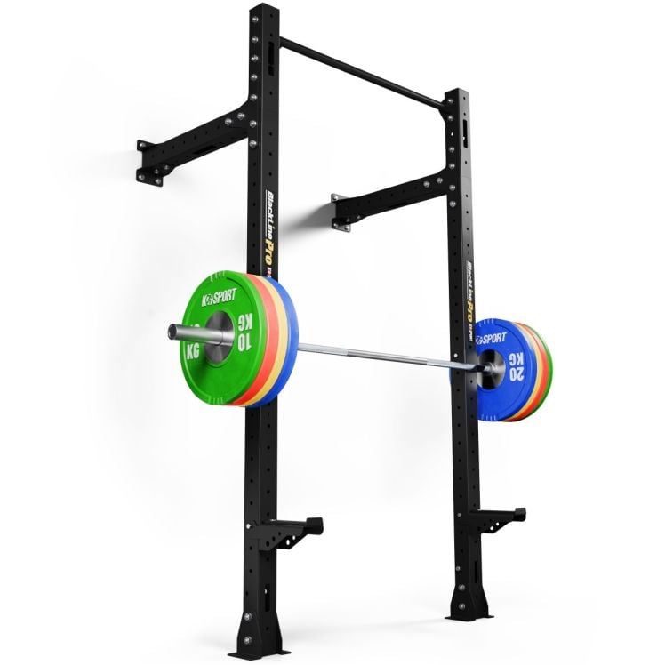 Wand-Half-Rack mit Langhantel und farbigen Bumper Plates, geeignet für Kniebeugen, Bankdrücken und Klimmzüge im Heimfitnessbereich