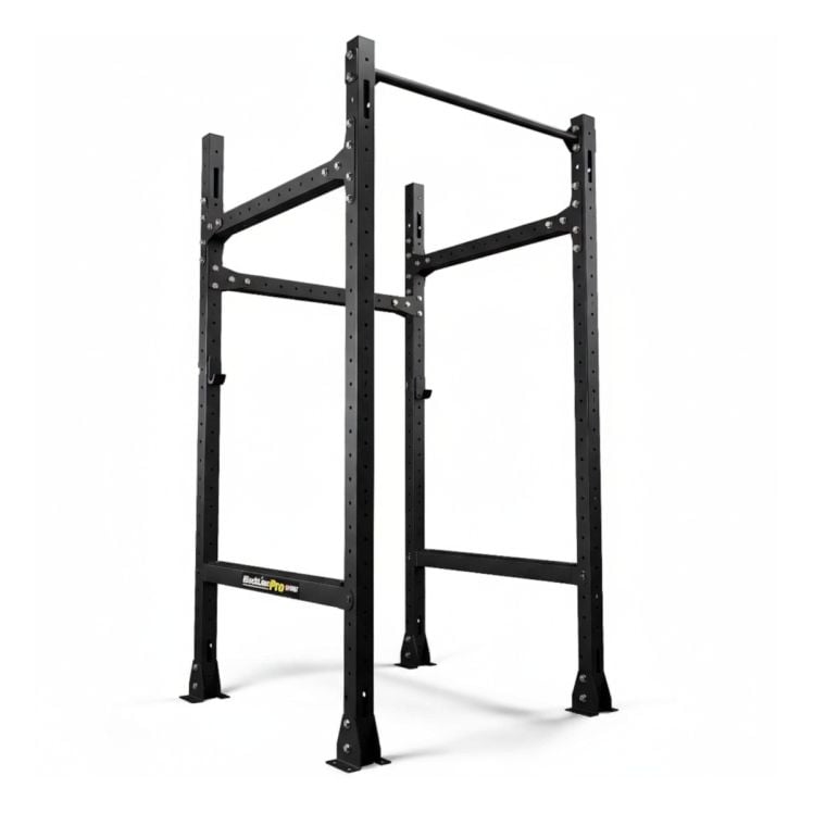 Freistehendes Power Rack aus pulverbeschichtetem Stahl mit Klimmzugstange, Vierpfosten-Konstruktion und Bodenmontage für professionelles Krafttraining im Homegym