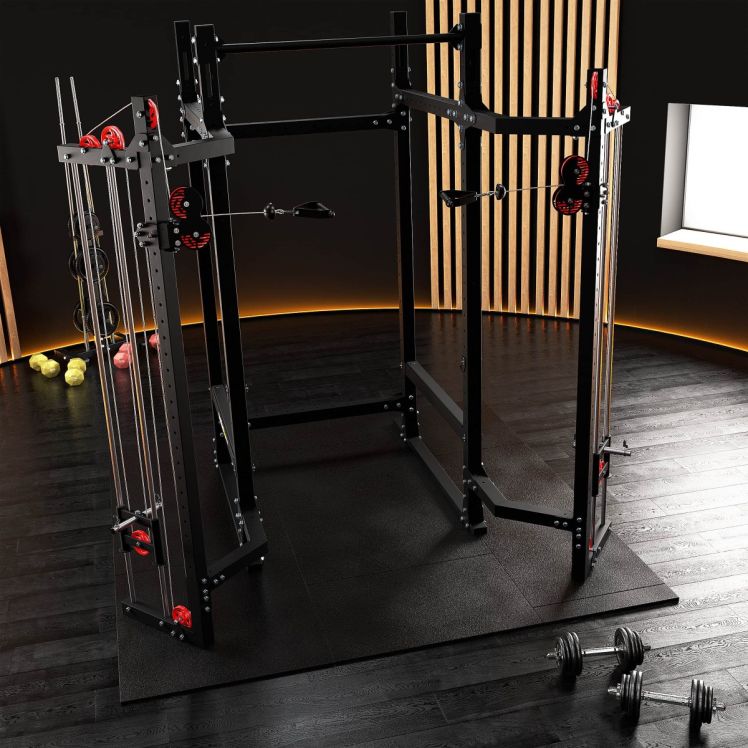 Power Rack mit Latzug- und Ruderzug-System im Studio-Setup, geeignet für Ganzkörper-Krafttraining