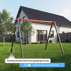 Metall Schaukelgestell im Garten mit Hinweis auf pulverbeschichteten Stahl und Wetterbeständigkeit