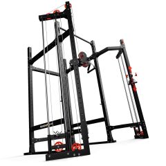 Schrägansicht eines Power Racks mit Latzug, Ruderzug und mehrfach geführtem Seilzugsystem