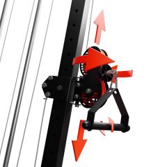 Detailansicht der Umlenkrolle mit Drehfunktion und Kabelgriff am Latzug eines Power Racks
