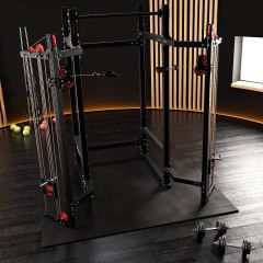 Power Rack mit Latzug- und Ruderzug-System im Studio-Setup, geeignet für Ganzkörper-Krafttraining
