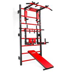Komplette Fitness-Sprossenwand mit Hantelbank, Dip-Station und Klimmzugstange in rot-schwarz