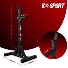 Technische Abmessungen des K-Sport Hantel-Racks: Höhenverstellbar 94-153 cm, Standfußbreite 43 cm und Ablagelänge 15 cm