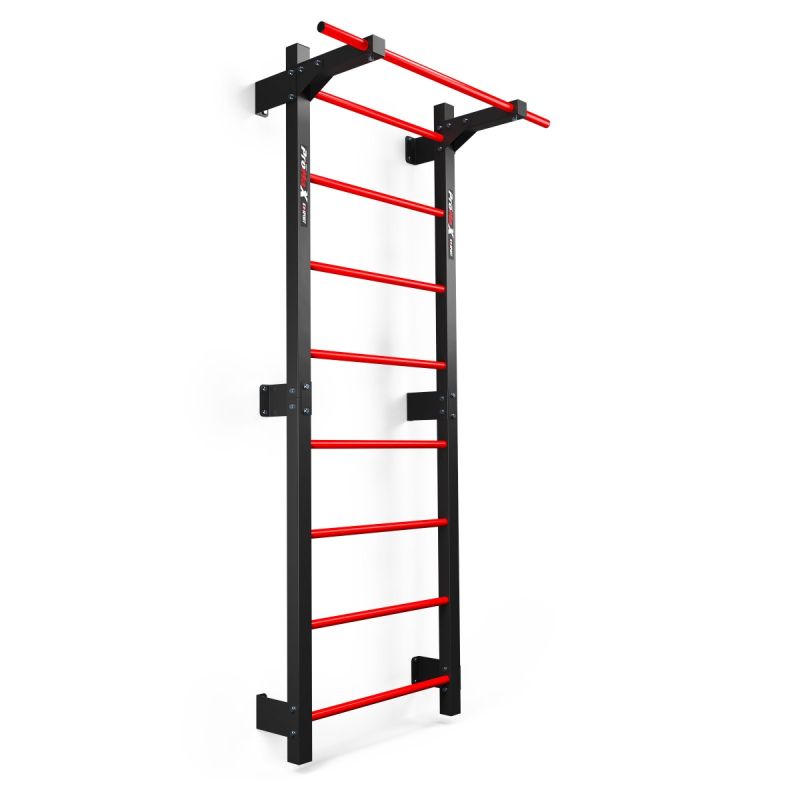 Metall-Sprossenwand mit roter Klimmzugstange zur Wandmontage für Fitnessübungen