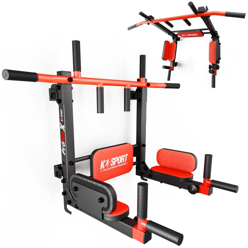 2-in-1 Wandstation: umhängbare Klimmzugstange und Dip-Station mit Rücken- und Armpolster – zwei Ansichten