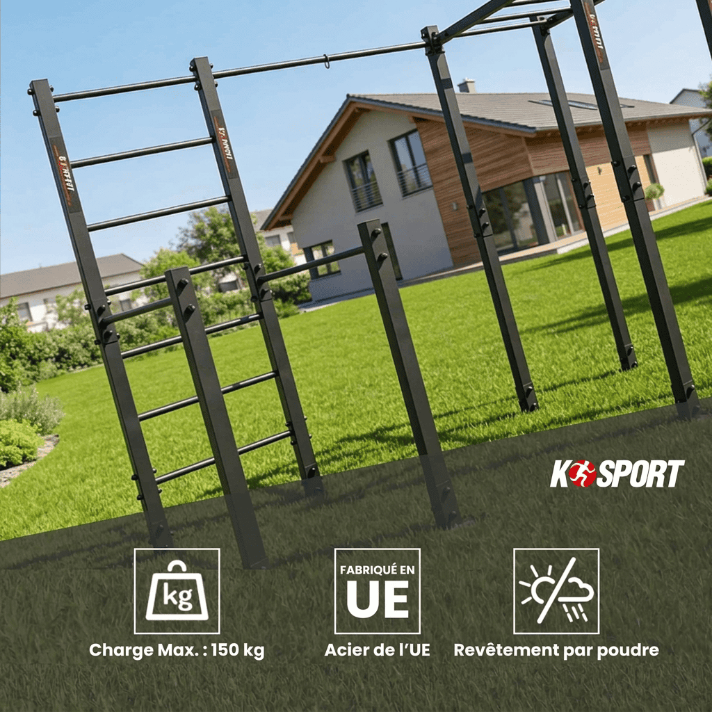Équipement de fitness extérieur pour jardin avec espalier et échelle de suspension – charge 150 kg, acier européen