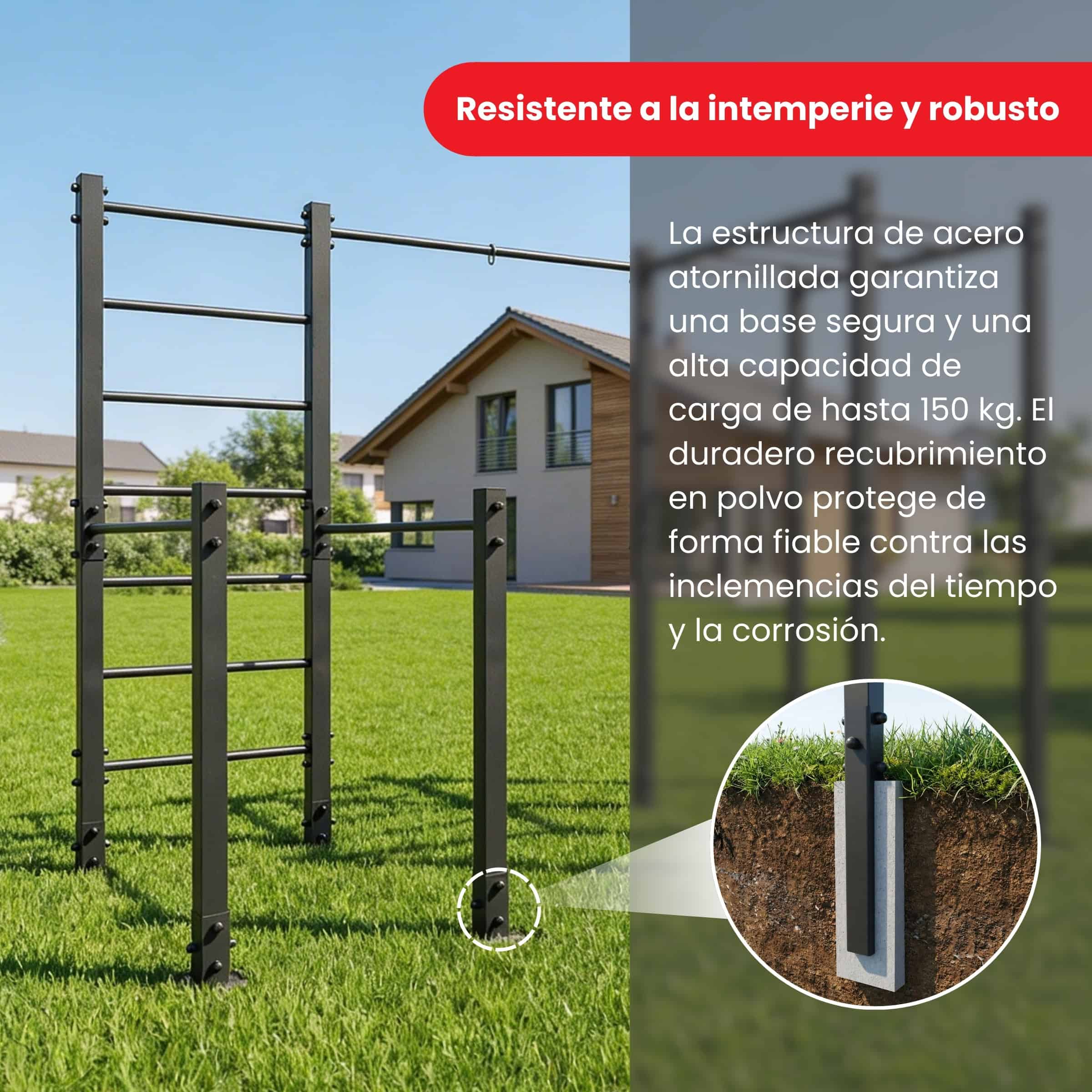 Estación de calistenia exterior resistente al clima en acero con recubrimiento en polvo – anclaje estable, carga hasta 150 kg