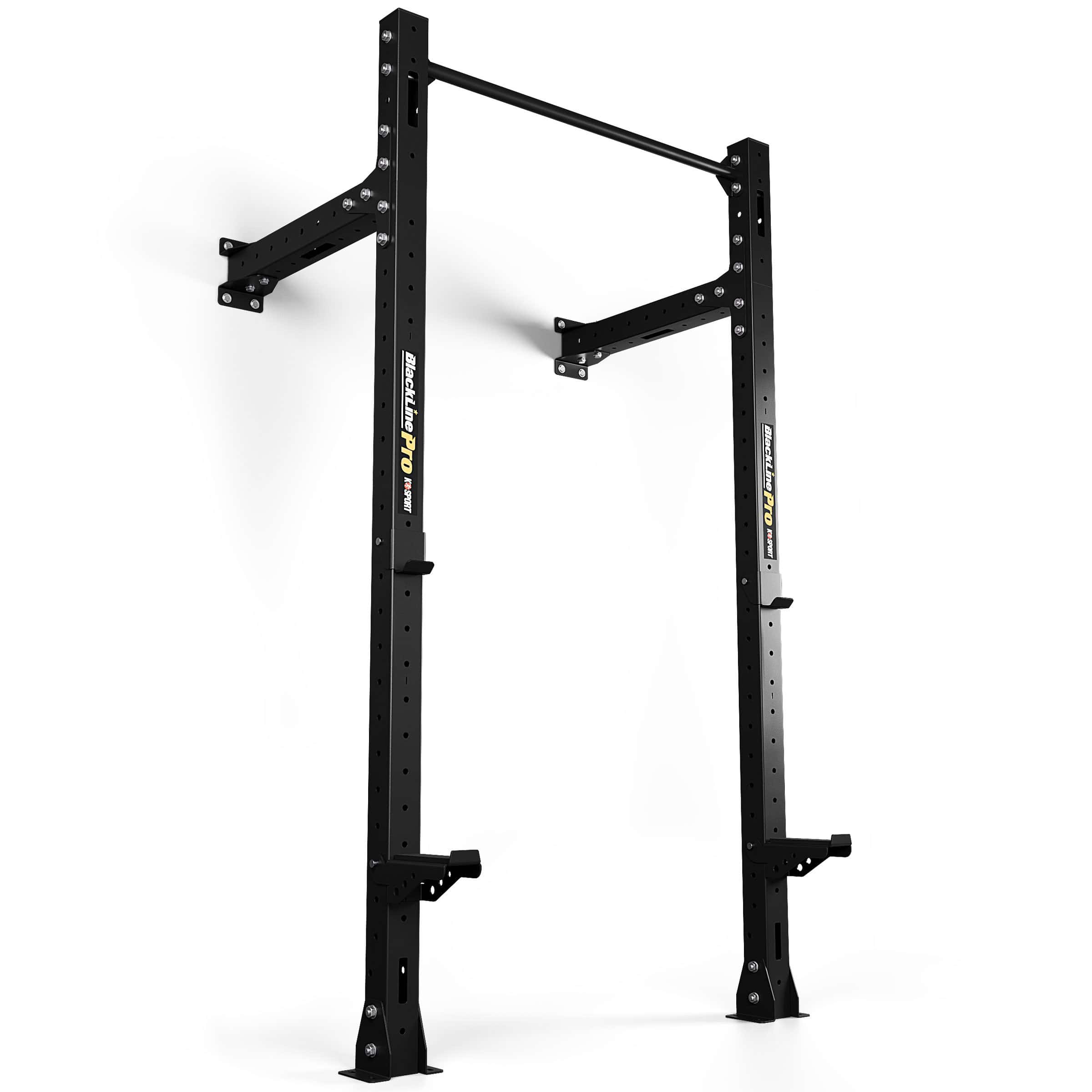 Wandmontiertes Half Rack aus Stahl mit Klimmzugstange, höhenverstellbaren J-Cups und massiver Konstruktion für Krafttraining im Homegym