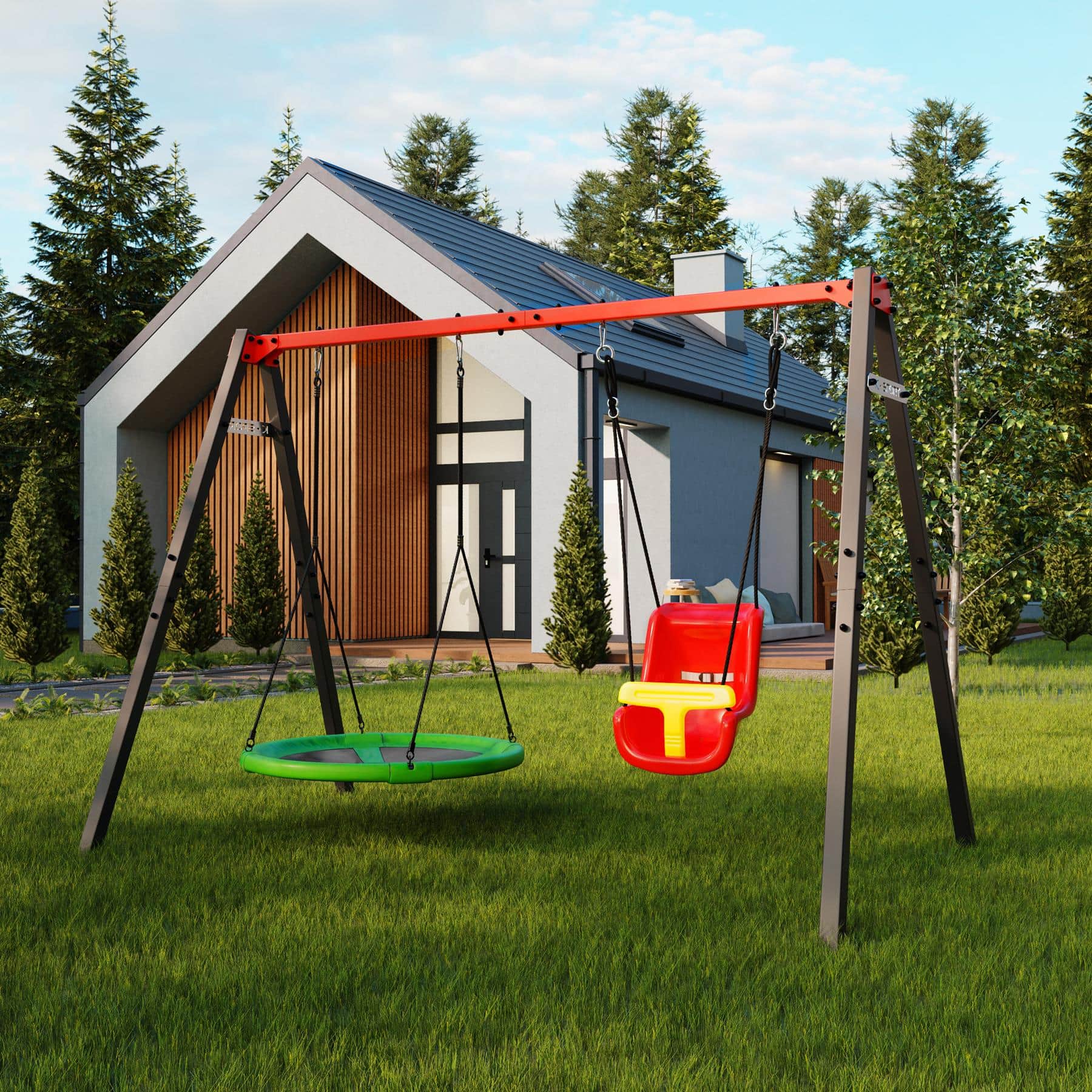 Doppeltes Schaukelgestell mit Kinderschaukel im Garten