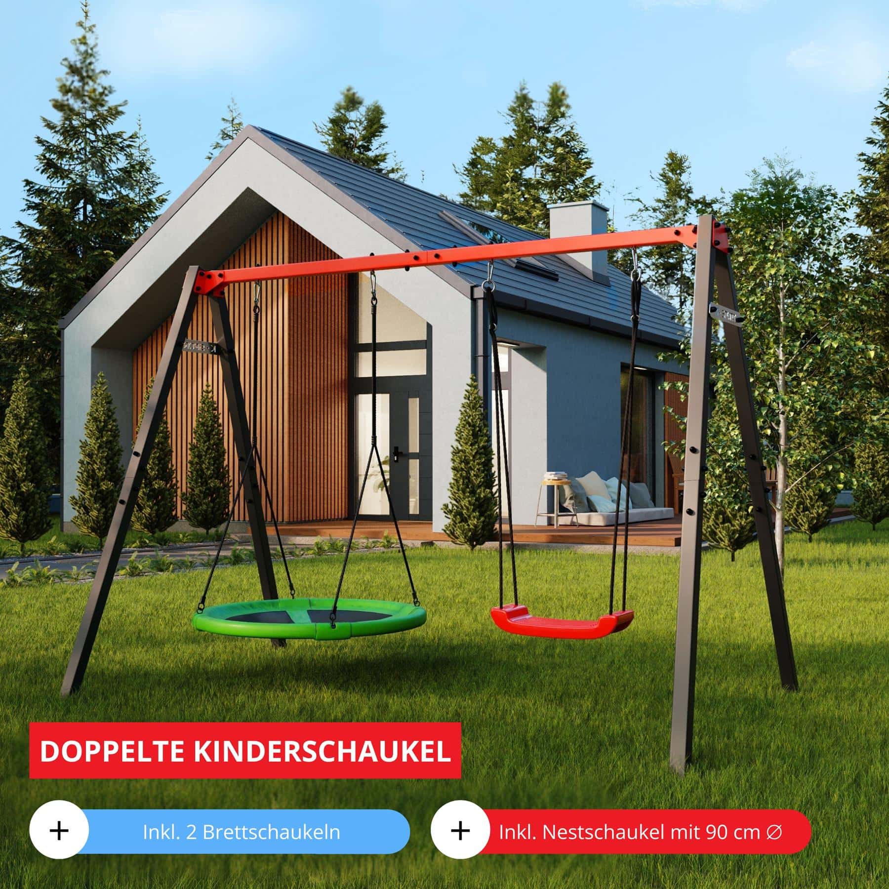 Doppelte Kinderschaukel für den Garten mit Nestschaukel und Schaukel