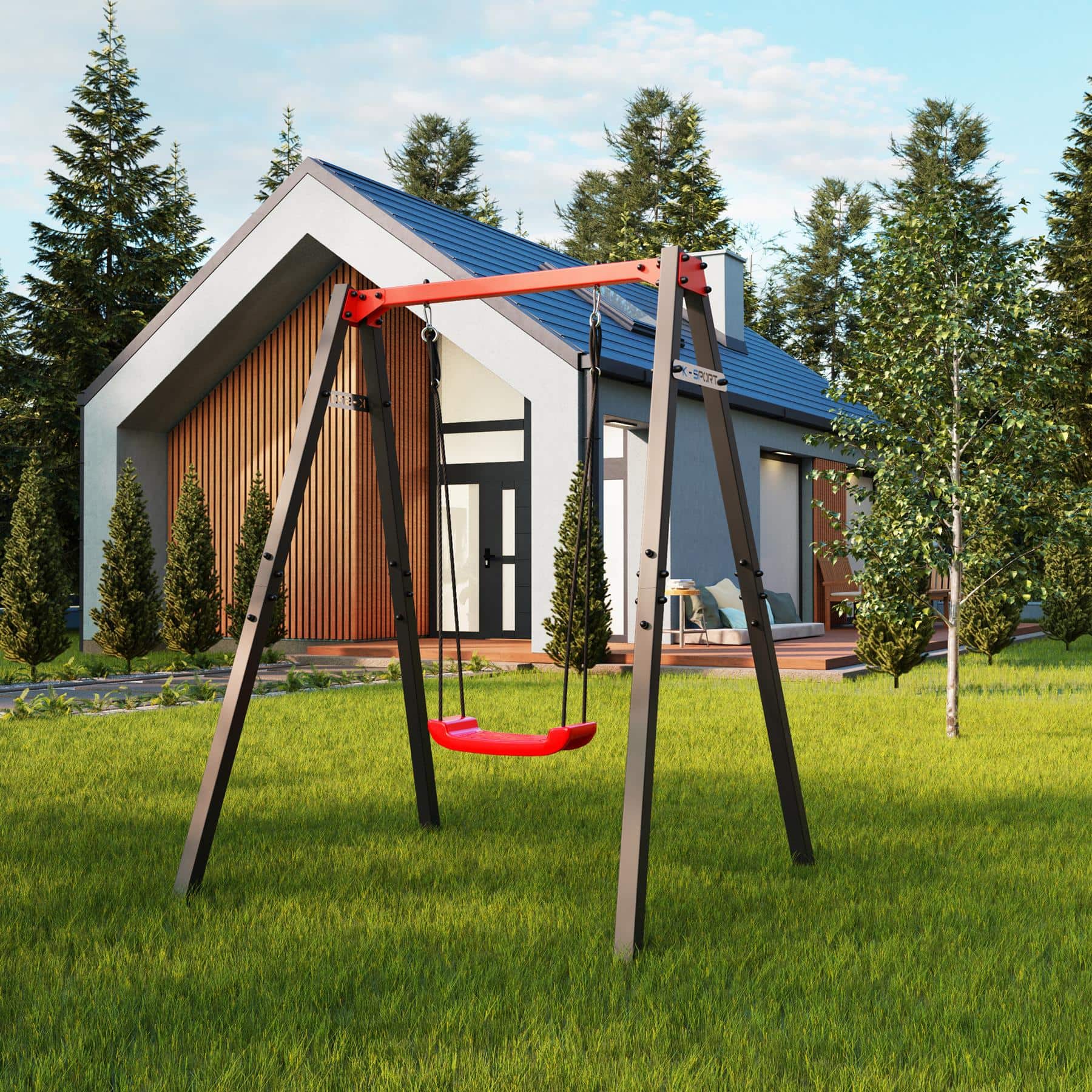 K-Sport-Brettschaukel im Garten mit modernem Haus im Hintergrund, ideal für Outdoor-Kinderspaß