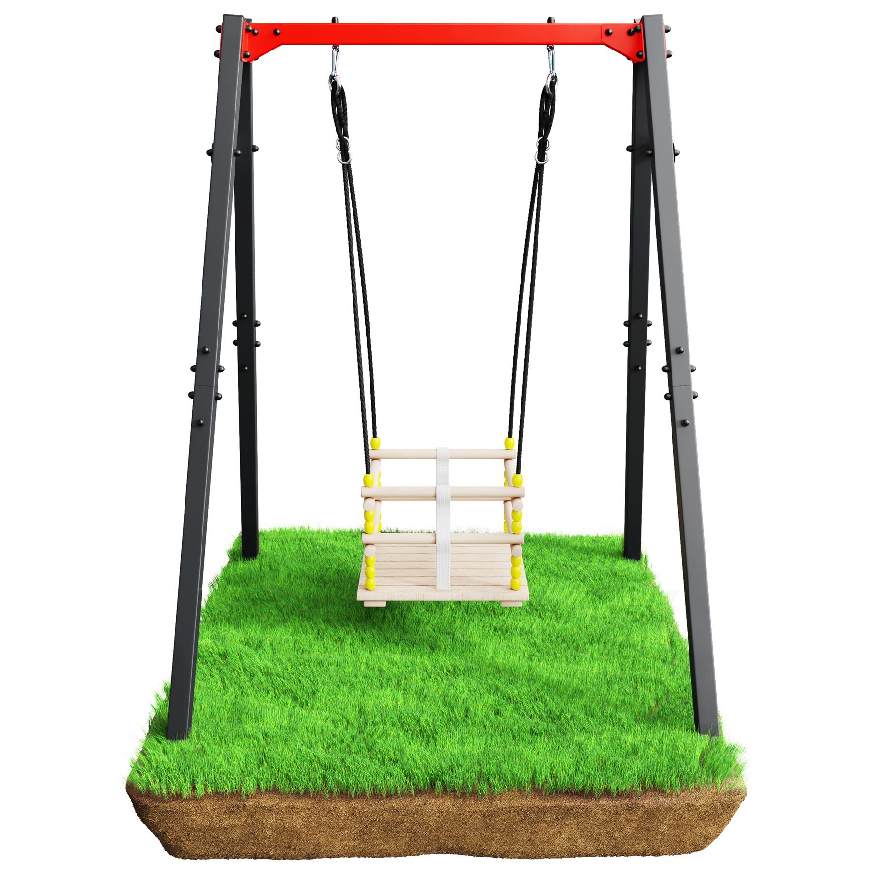 Detailansicht der Gitterschaukel mit Holzsitz und robustem Rahmen, bietet langanhaltende Stabilität