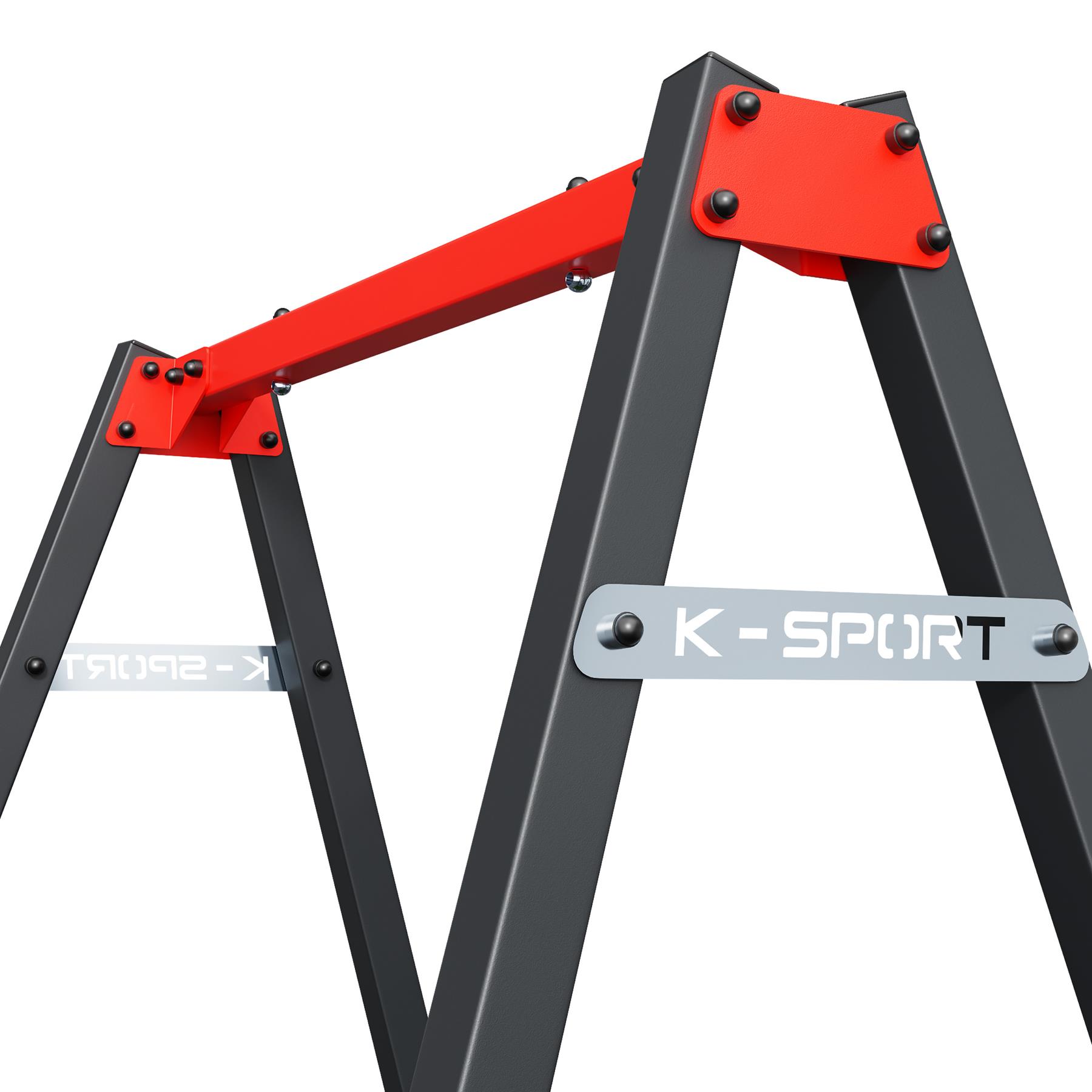 Hochwertige Metallkonstruktion der K-Sport-Schaukel mit rotem Querbalken und Gitterschaukelsitz