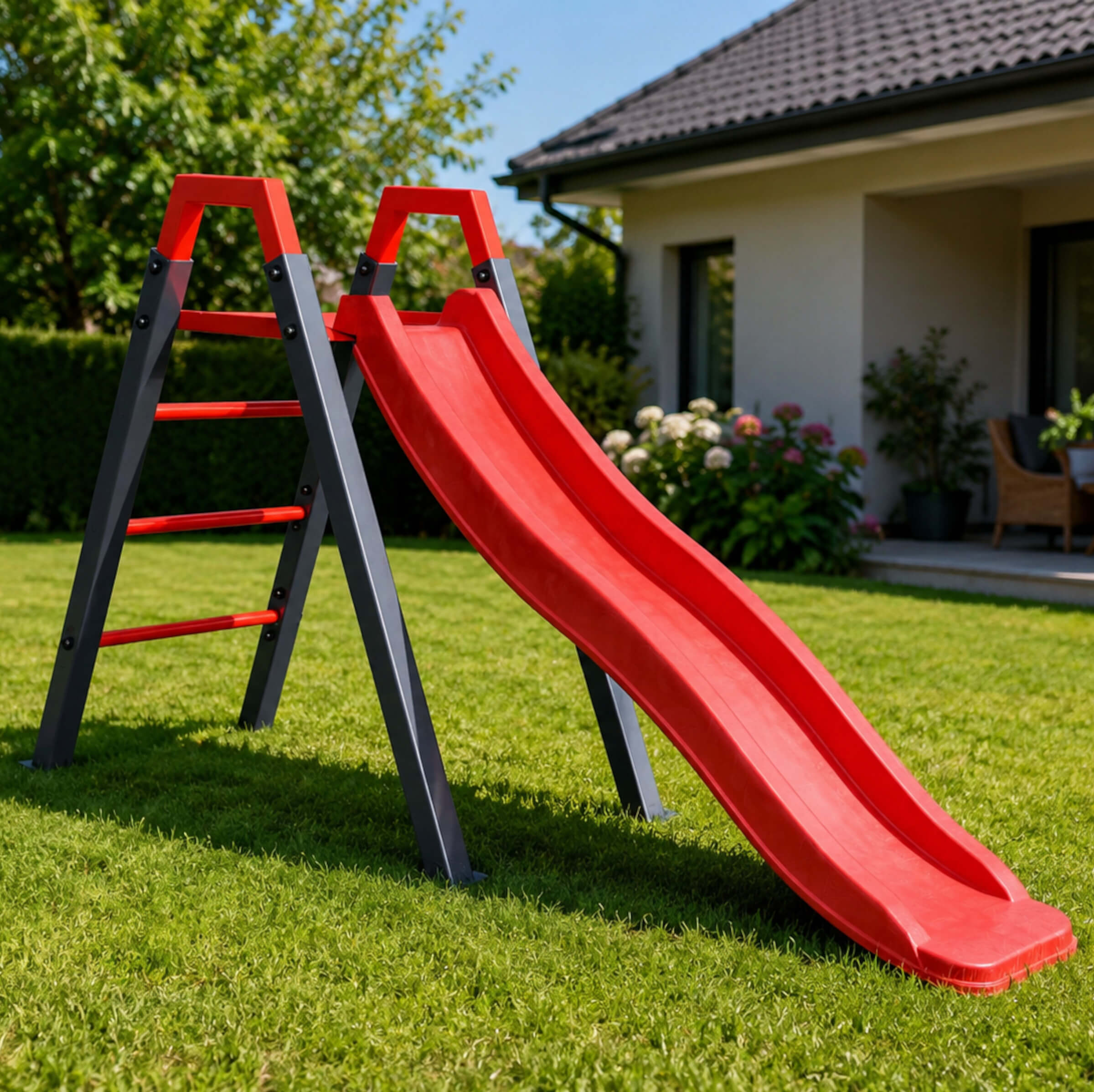 Rote Kinderrutsche mit Stahlleiter in einem sonnigen Garten vor einem Wohnhaus