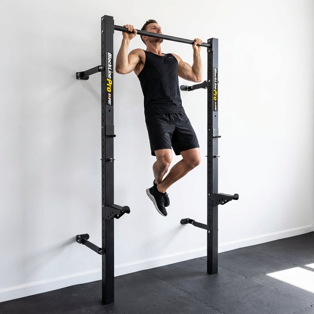 Mann macht Klimmzug an wandmontiertem klappbarem Half Rack