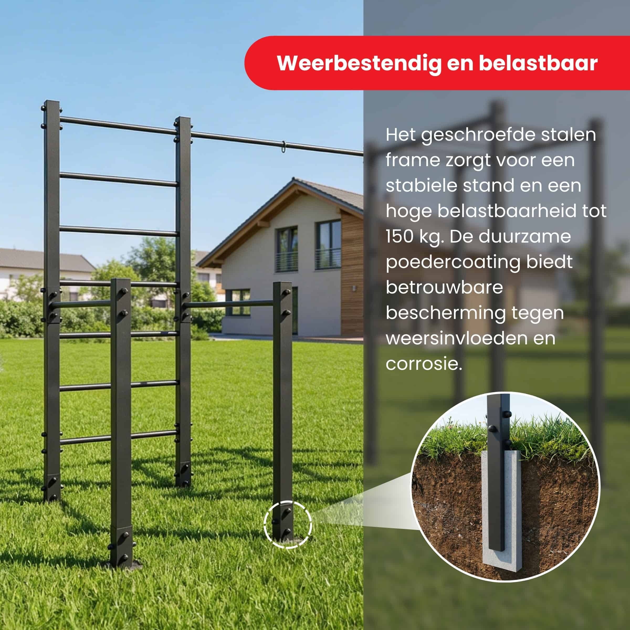 Weerbestendig outdoor calisthenics station van gepoedercoat staal – stabiele bodemverankering, belastbaar tot 150 kg