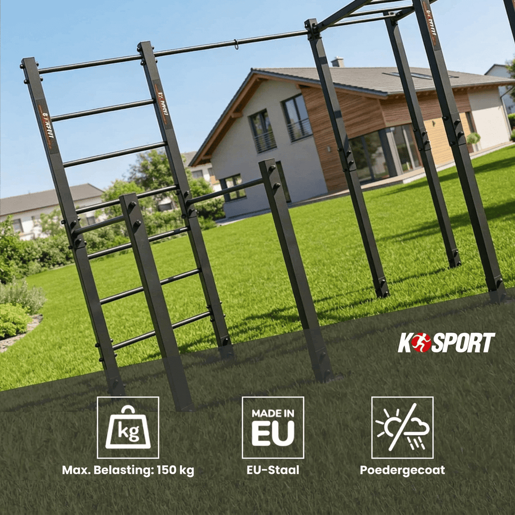 Outdoor fitnessapparaat voor in de tuin met wandrek en monkey bar – belastbaar tot 150 kg, EU-staal