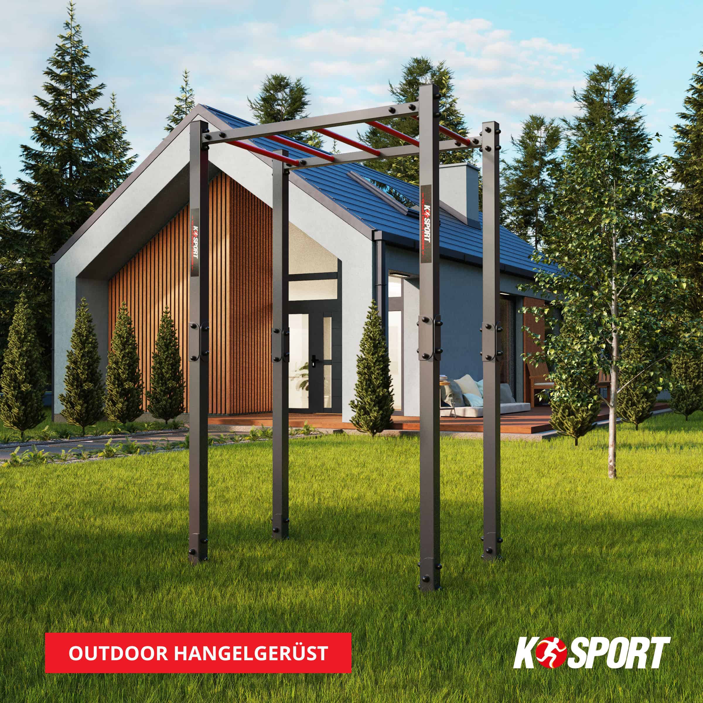 Outdoor Hangelgerüst von K-Sport im Garten vor einem modernen Einfamilienhaus