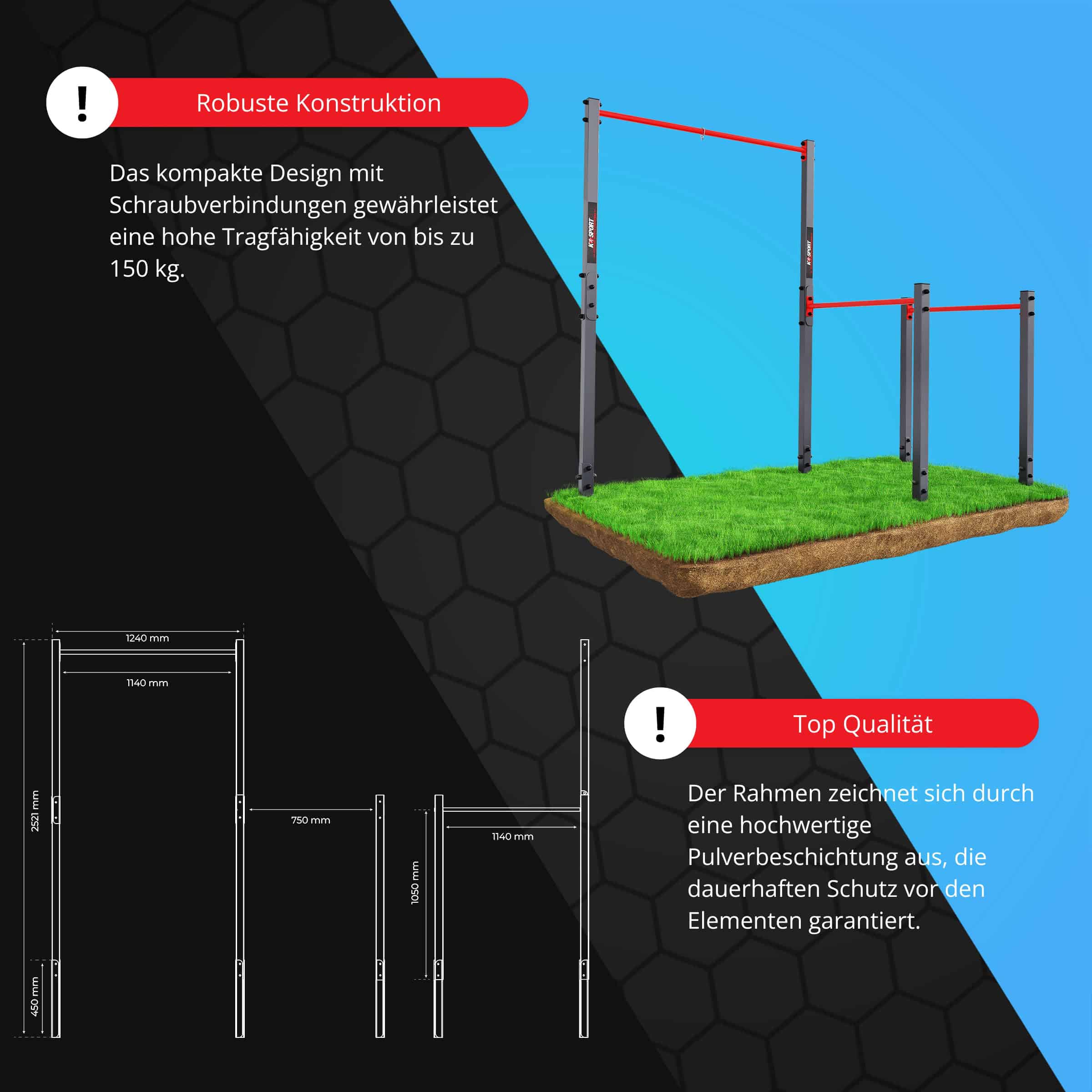 Technische Maße und Tragkraft des Outdoor Recks mit Klimmzugstange