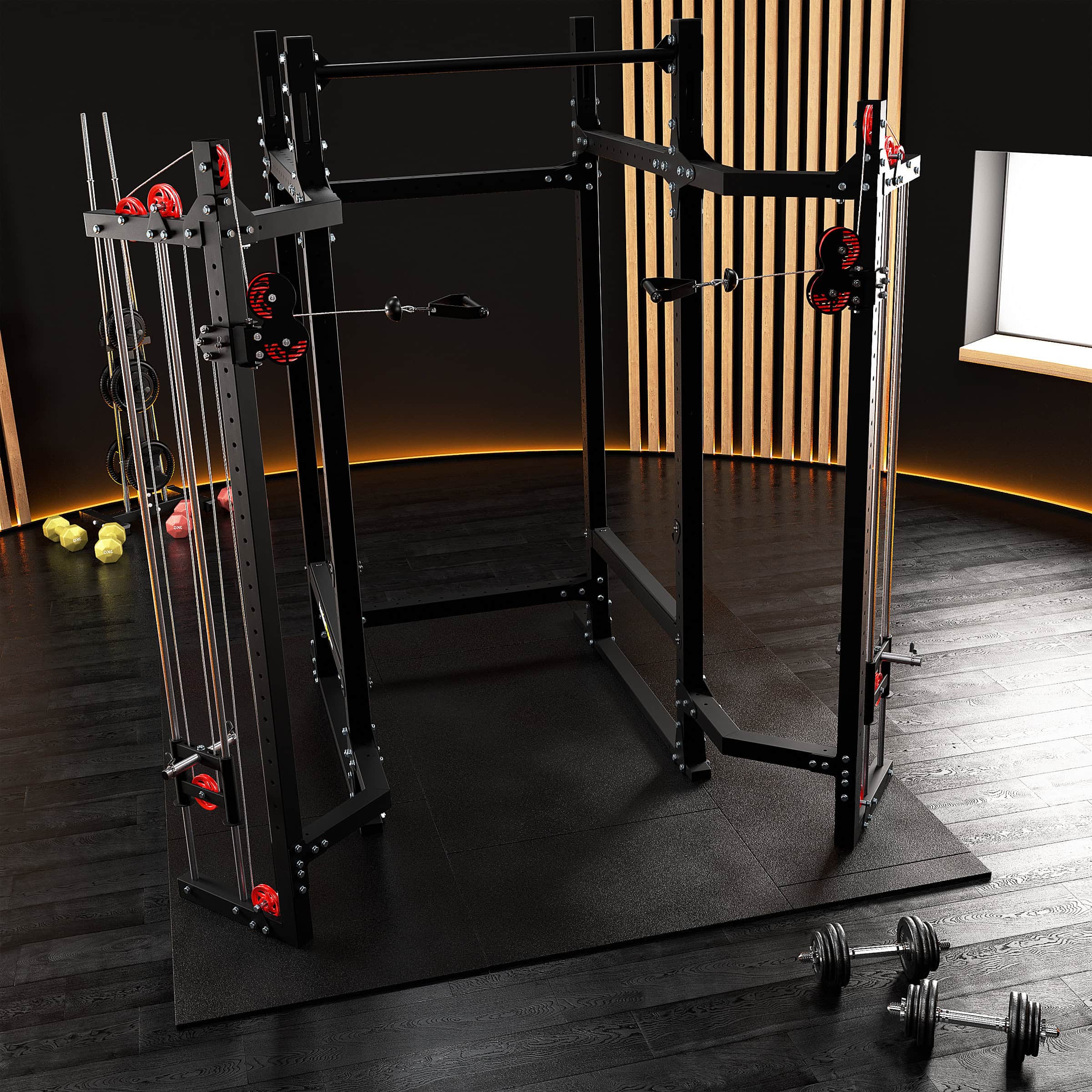 Power Rack mit Latzug- und Ruderzug-System im Studio-Setup, geeignet für Ganzkörper-Krafttraining