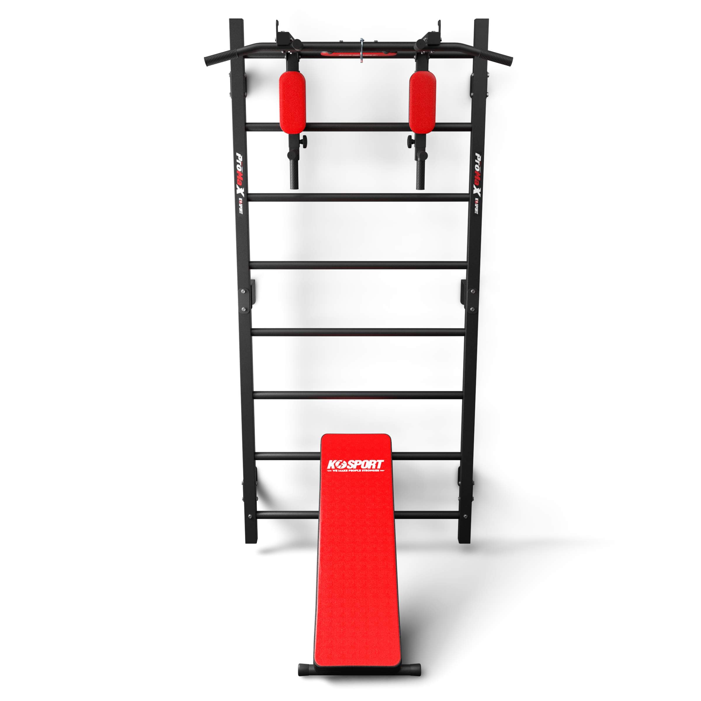 Sprossenwand aus Metall mit roter Hantelbank, Dip Station und Klimmzugstange für vielseitiges Fitnesstraining an der Wand