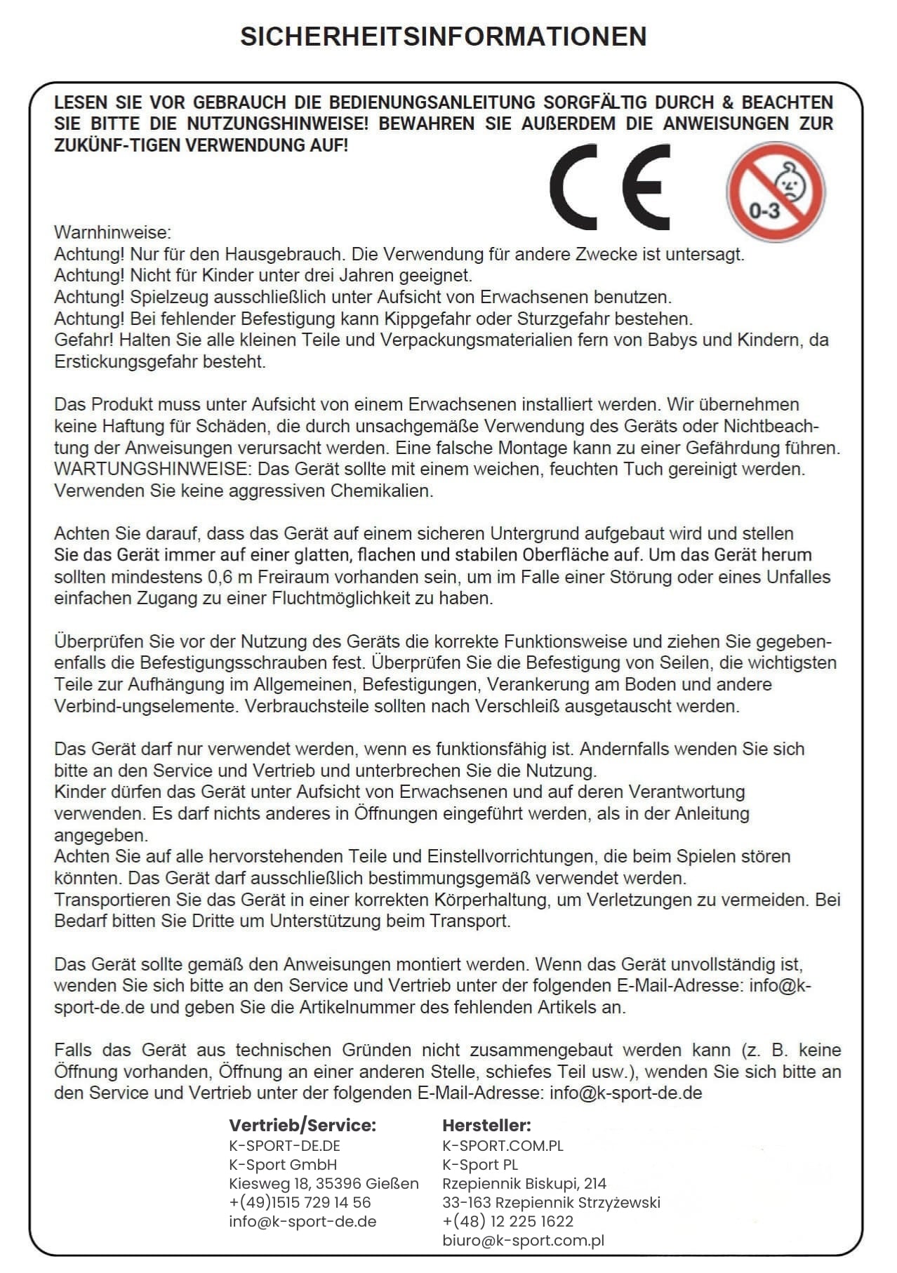 Sicherheitsinformation für Fitnessgeräte