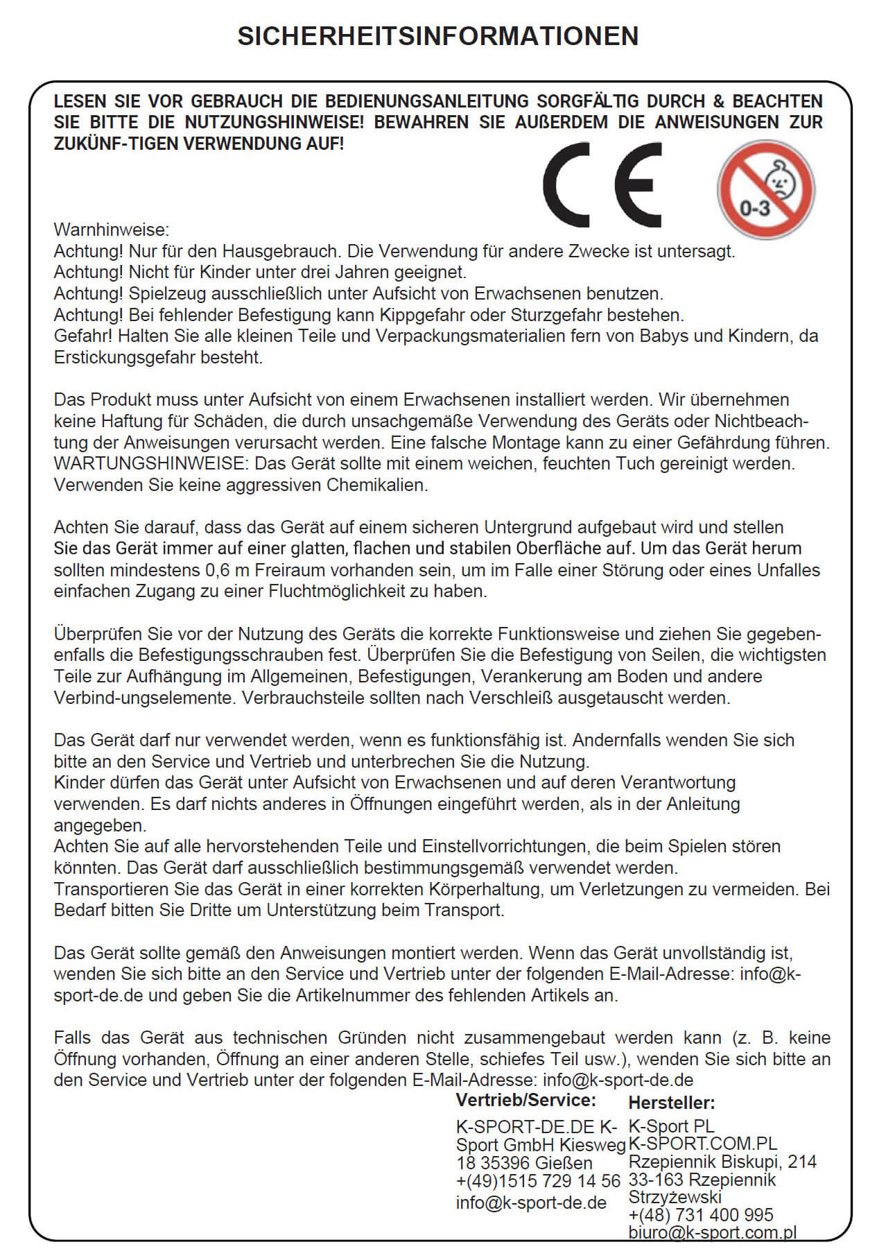 Sicherheitsinformation für Schaukeln
