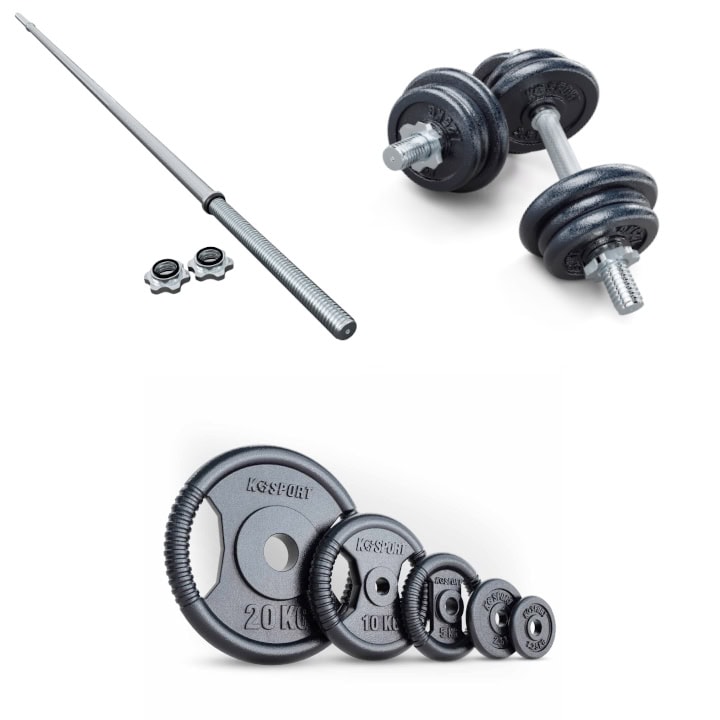 Weergave met barbell, dumbbells en gewichten