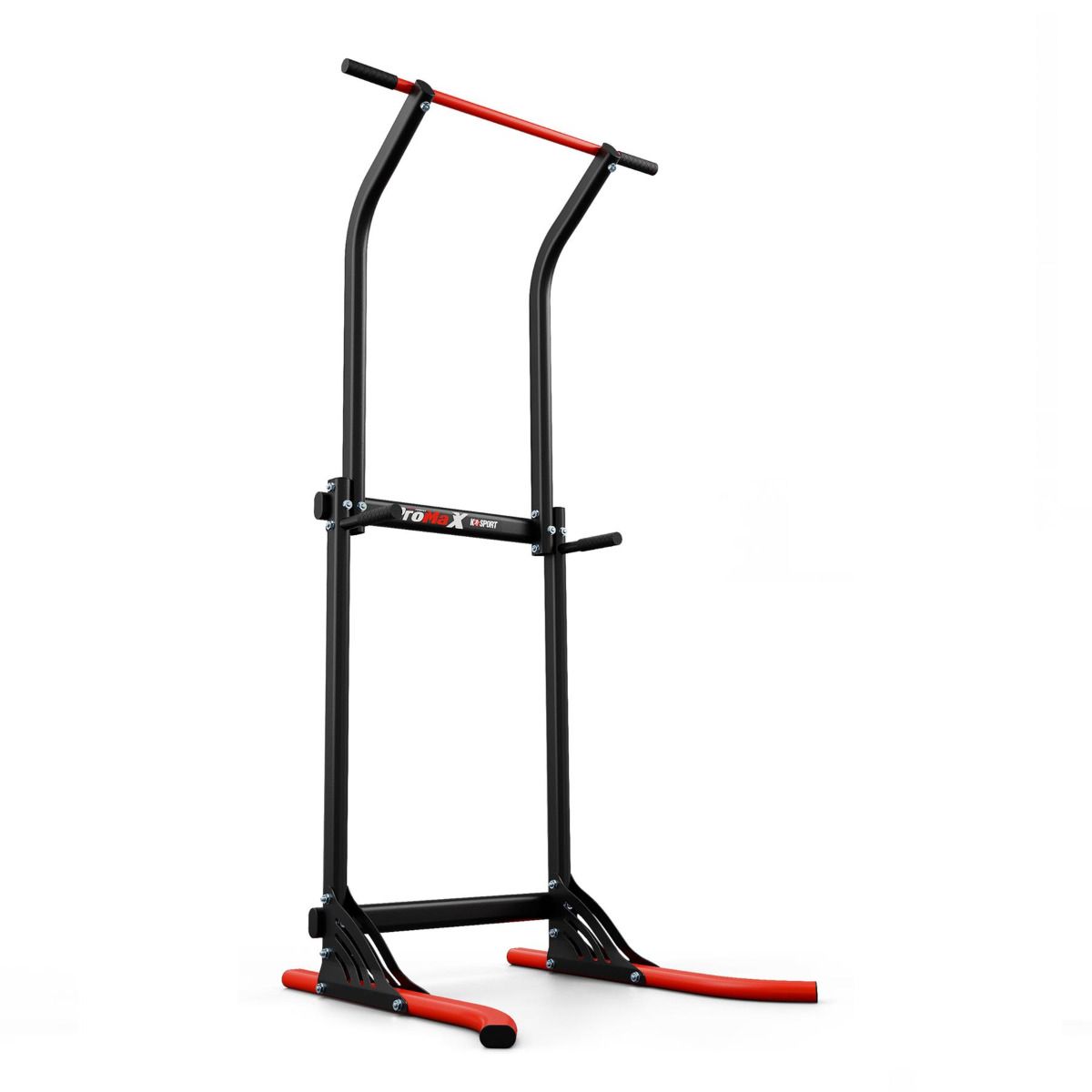 Stabiele pull-up station met rode accenten en dip grips
