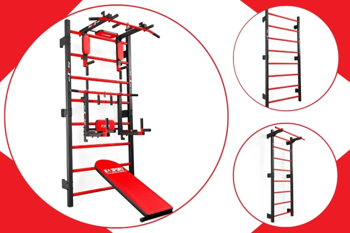 K-Sport spalier met dipstation, optrekstang en fitnessbank – veelzijdig trainingsapparaat voor krachttraining en mobiliteit in de homegym