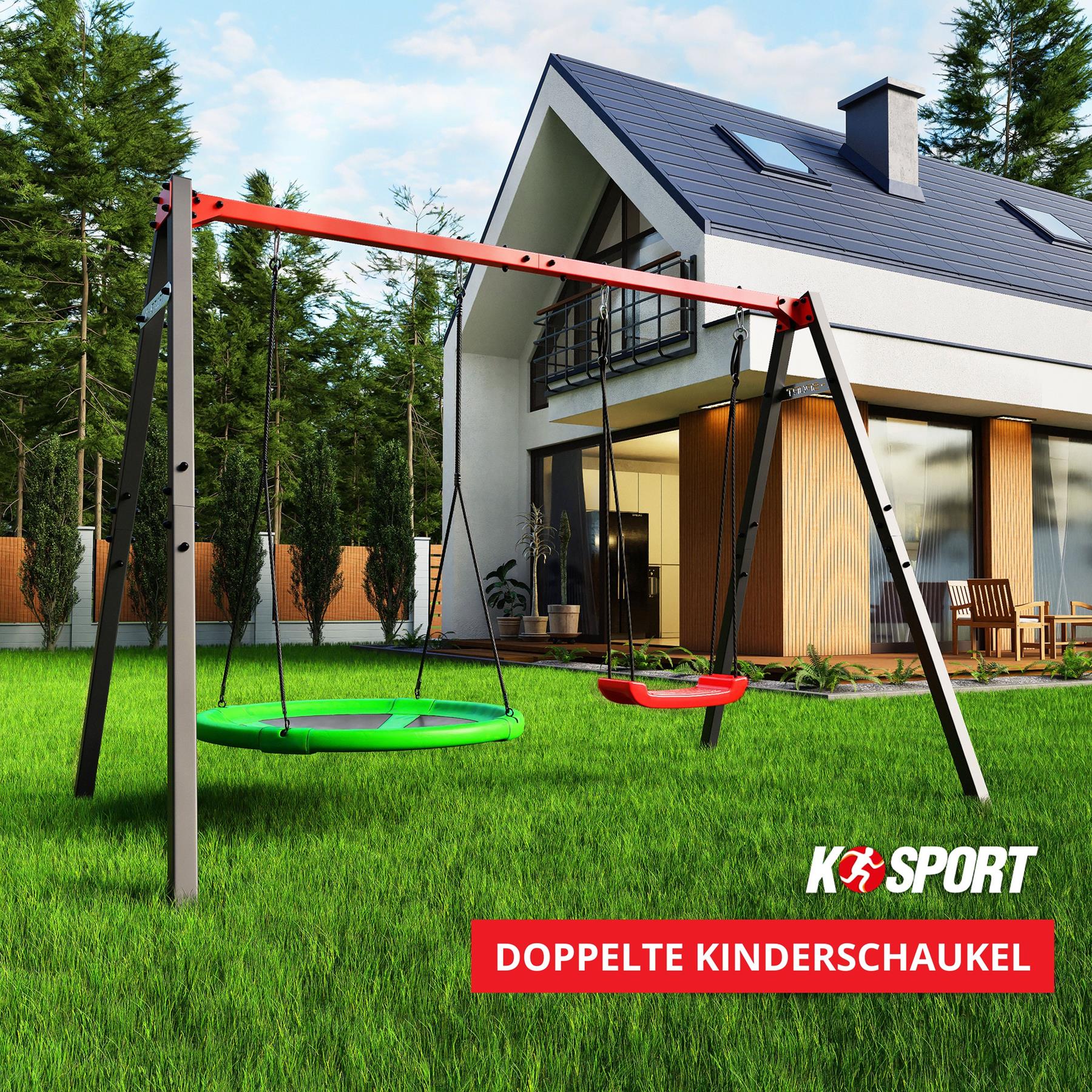 Produktbild von Doppelschaukel Mit Gleiter Metall Garten Schaukel Set Für Kinder - A-Frame Mit Doppelschaukel & Gleiter Bis 200kg Metall Schaukel Set Kinder Doppelschaukel Gleiter 220kg