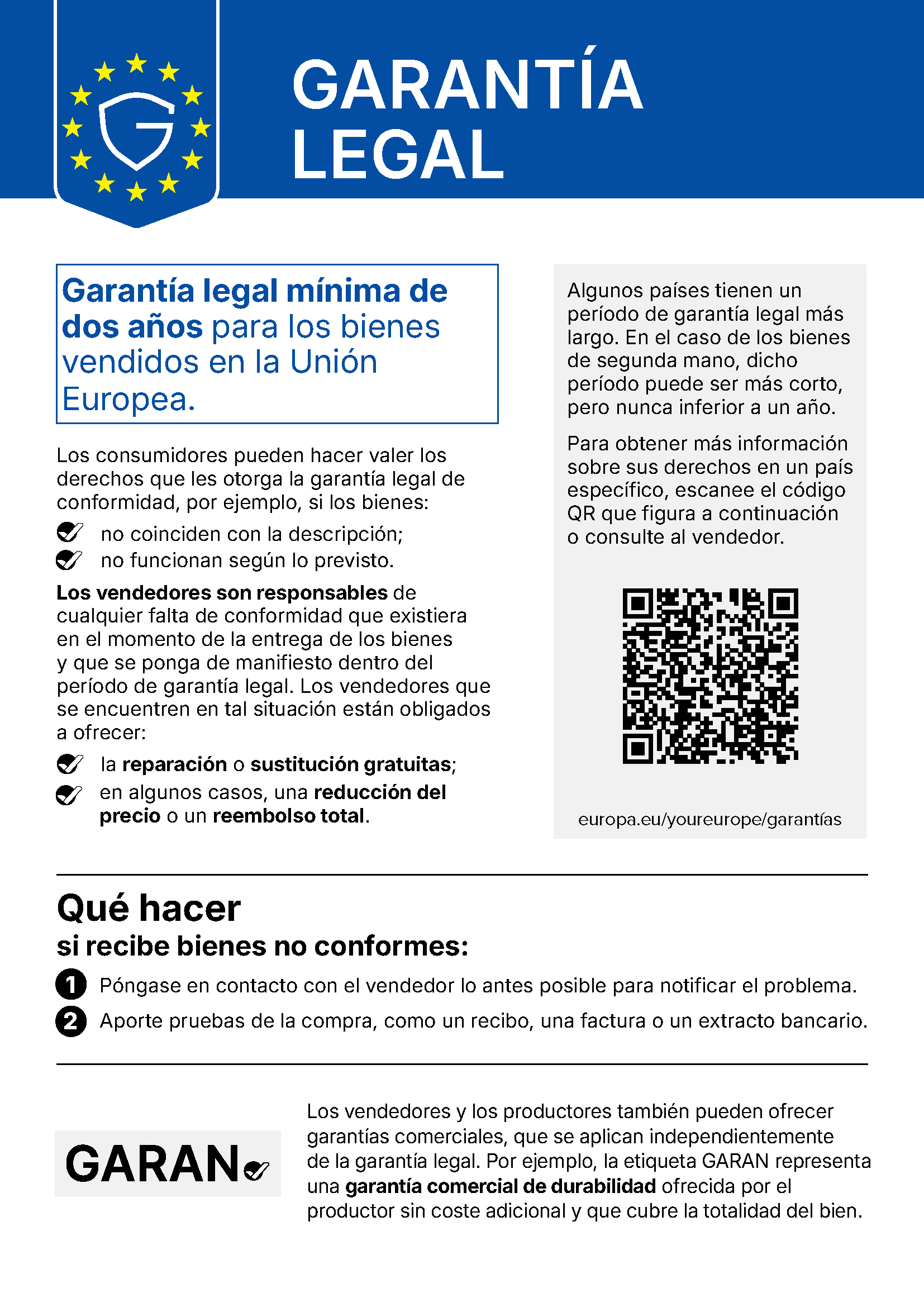 Información sobre los derechos de garantía legal en la Unión Europea