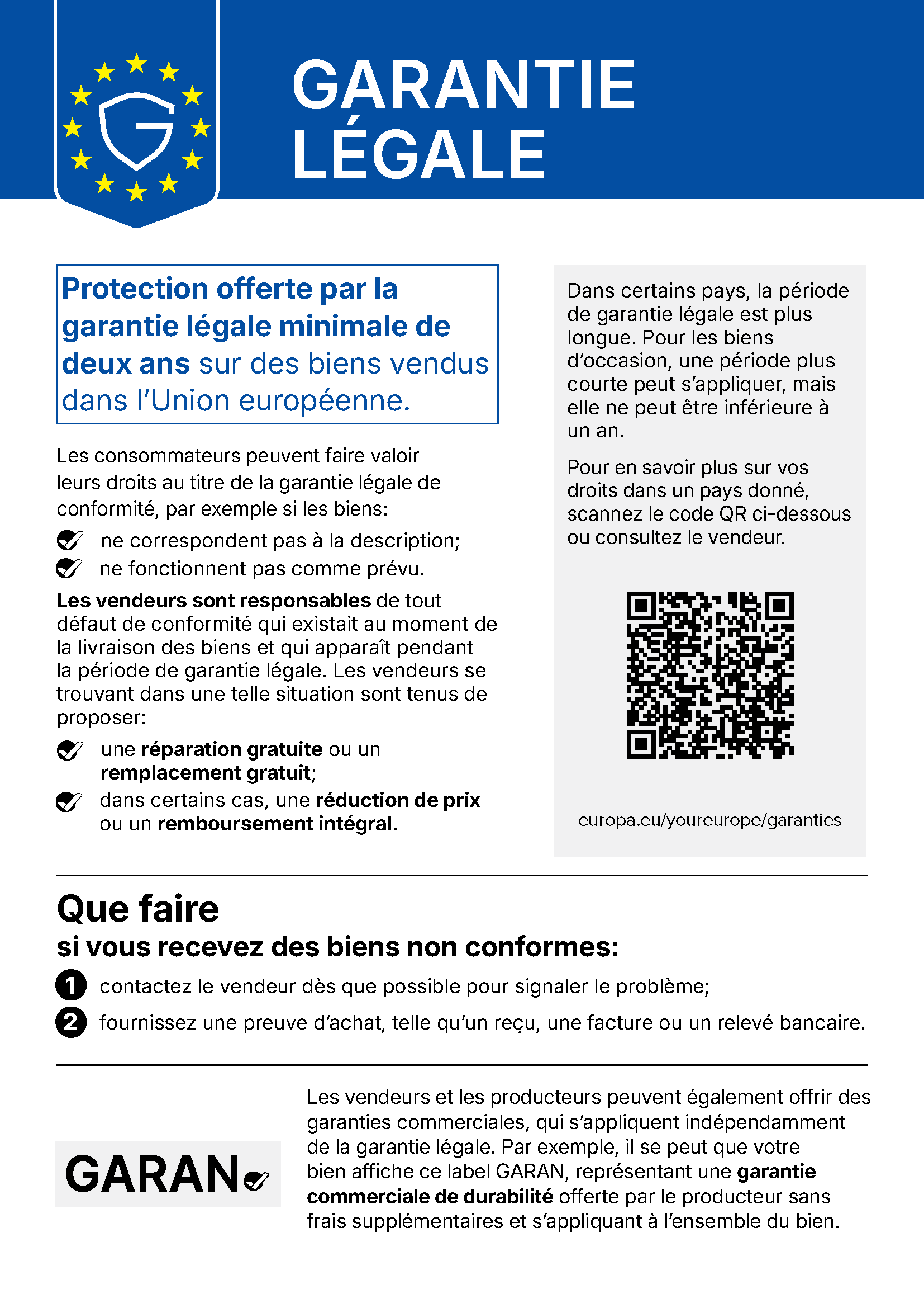 Informations sur les droits de garantie légale dans l’Union européenne