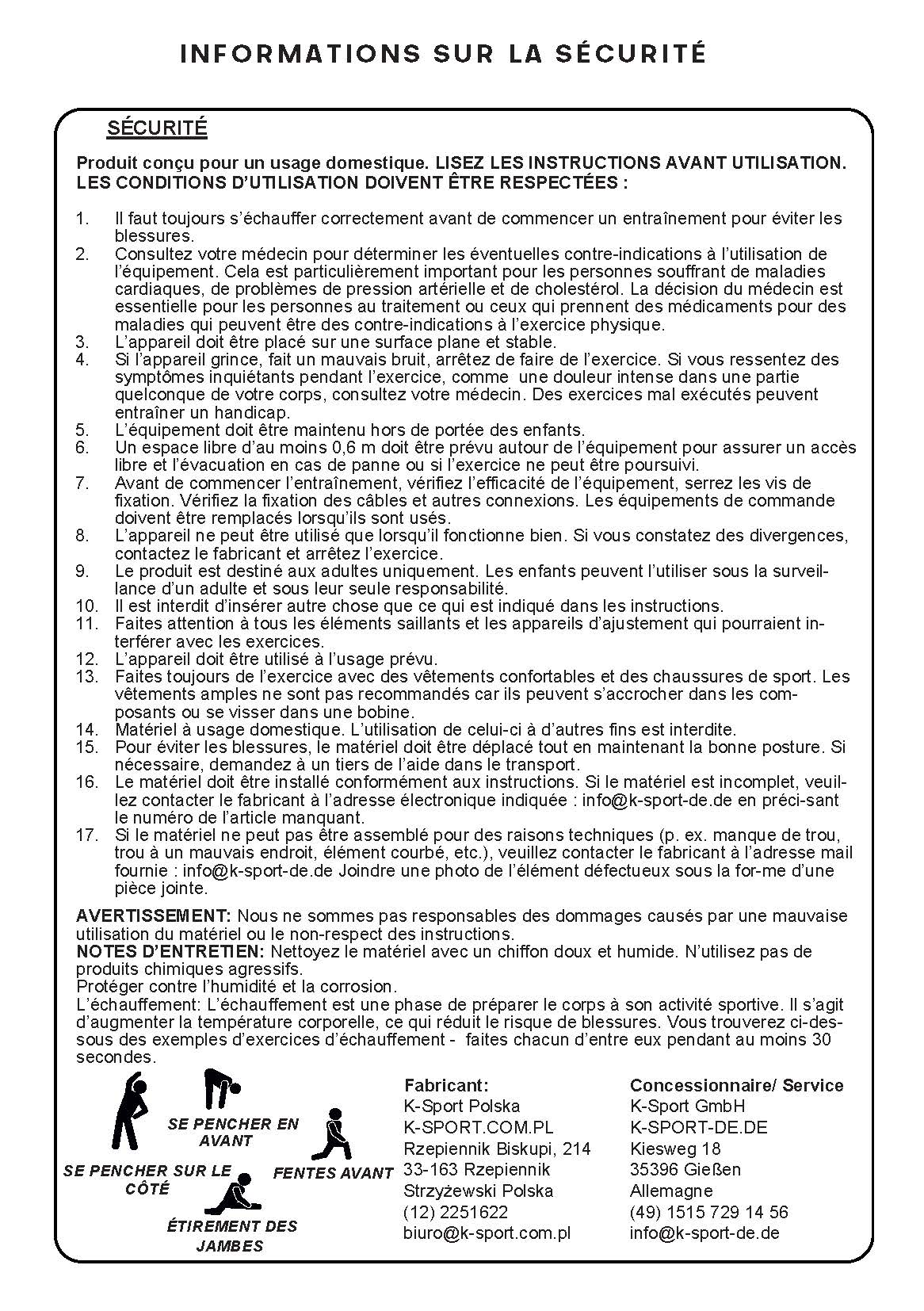 Informations sur la sécurité des appareils de fitness