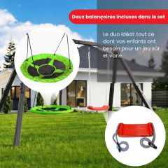 Set balançoire double avec balançoire nid verte et siège rouge pour les enfants dans le jardin