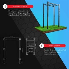 Infografiek van het outdoor monkeybar-toestel met technische tekeningen, afmetingen, belastbaarheid tot 150 kg en aanduiding van stabiele constructie