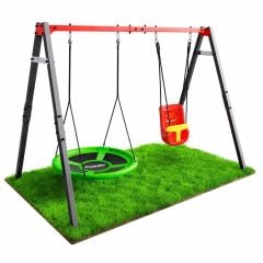 Balançoire double en métal avec balançoire nid verte et balançoire bébé rouge sur pelouse, ensemble de jardin robuste pour enfants