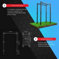 Infographie de la structure de monkey bars d’extérieur avec plans techniques, dimensions, capacité de charge jusqu’à 150 kg et indication d’une construction stable