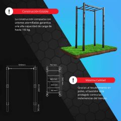 Infografía de la estructura de monkey bars para exterior con planos técnicos, dimensiones, capacidad de carga de hasta 150 kg e indicación de construcción estable