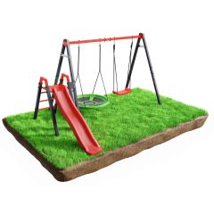 Ensemble de balançoires pour enfants avec toboggan sur un morceau de pelouse, vue de face
