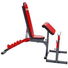 Vue latérale du banc de musculation avec curlpult et support d'haltères