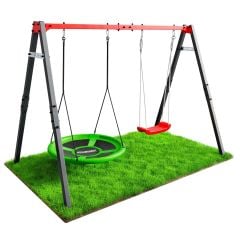 Altalena per bambini K-Sport in metallo da giardino con altalena a nido rotonda e sedile rosso su prato