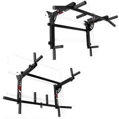Barre de traction et station de dips 2-en-1 pour espalier, en version noire, avec plusieurs positions de prise et une structure en acier robuste