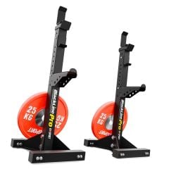 Soportes para barra cargados con discos – squat stands estables para entrenamiento pesado